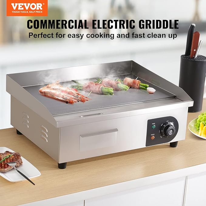 VEVOR Commercial Electric Griddle, 22", 1600W Countertop Flat Top Griddle, Stainless Steel Teppanyaki Grill w/Iron Cooking Plate, 122-572℉ Adjustable Temp Control 2 Shovels & Brushes, 110V