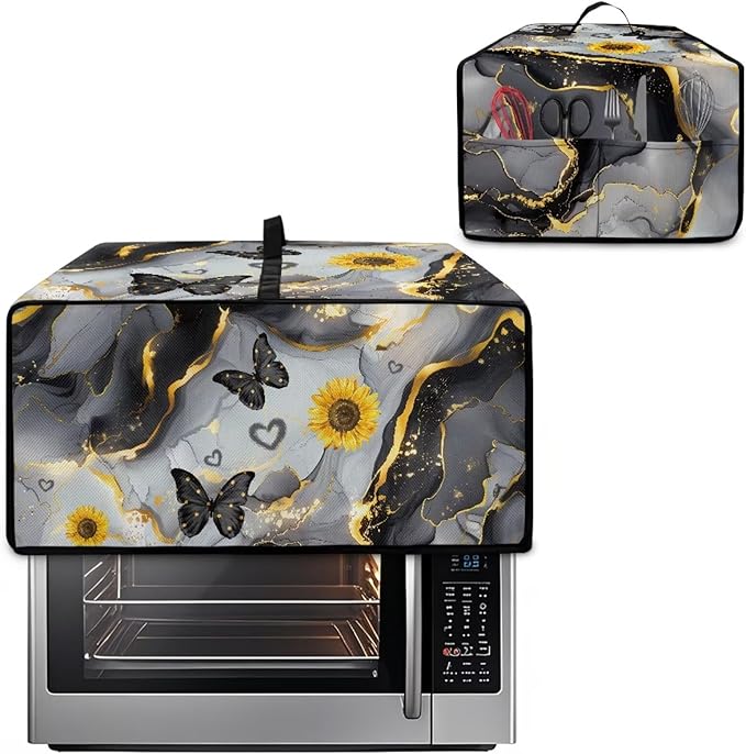 Convection Oven Cover Countertop Appliance Covers Stain-resistant Microwave Oven Protector for Kitchen Home Decor, M, Black Gray Gold Marble Butterfly Sunflower