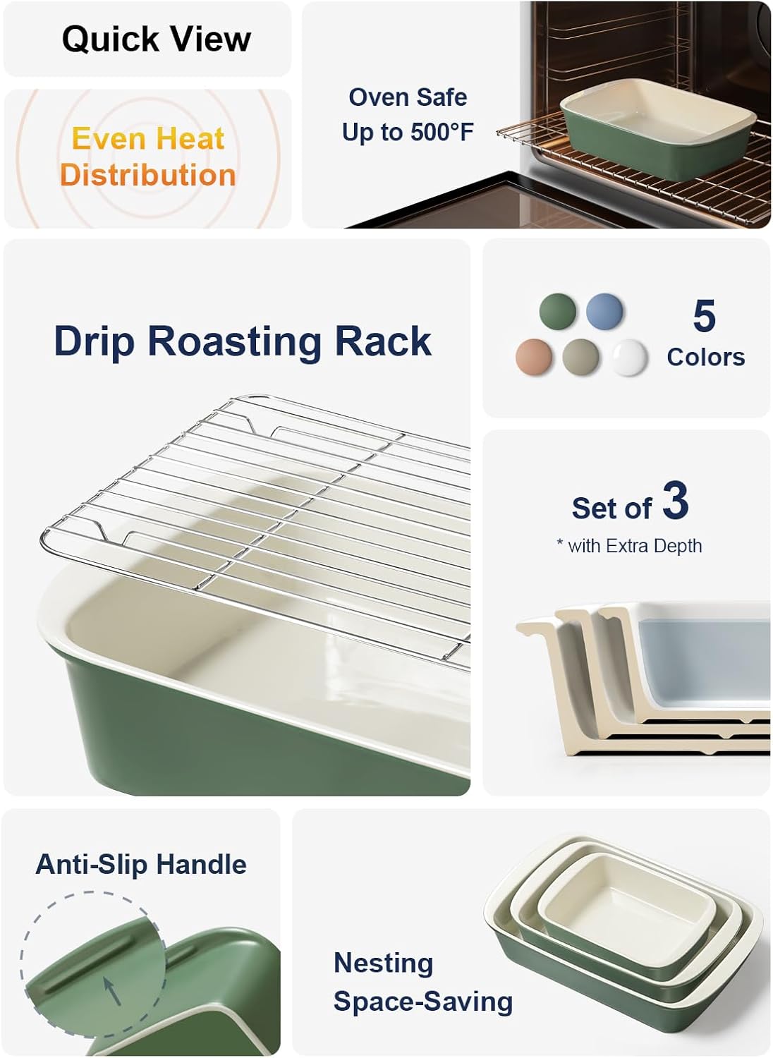 LE TAUCI Deep Casserole Dishes for Oven, 13.7”x9.6” Ceramic Baking Dish Set with Roasting Racks, Large Lasagna Pans with Handles, Rectangular Bakeware as Gift for Mom, Forest Green (4.6QT/3.0QT/1.6QT), Set of 3