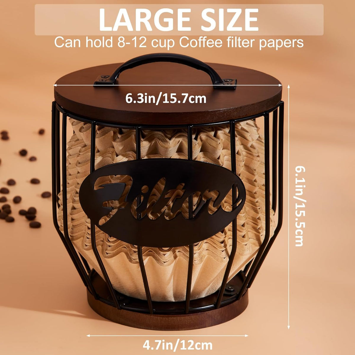 Yangbaga 8-12 Cup Coffee Filters Holder with Wood Lid,Large Capacity Coffee Filter Storage Canister Container Basket,Black Wire K Cup Storage Basket,Coffee Bar Accessories decor