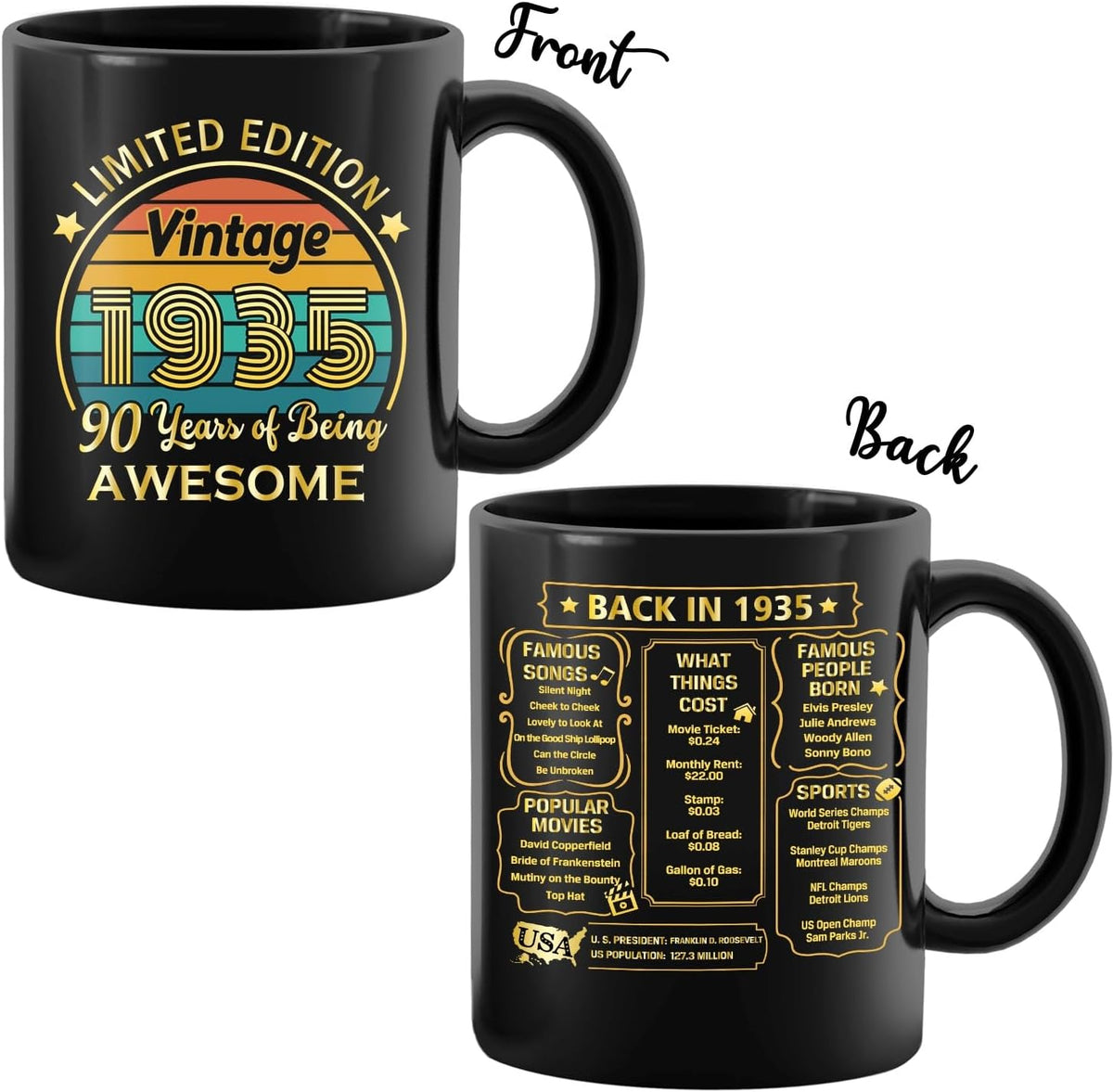 QUPT 90th Birthday Gifts for Women Men, 90th Birthday Gifts for Him, 1935 Birthday Gifts for Women Men, 90 Years Old Gifts, 1935 Birthday Gifts for Her Him, 90th Birthday Presents Coffee Mug