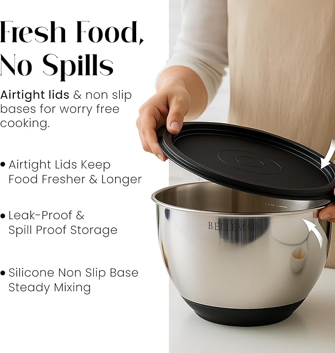Bellemain Mixing Bowls with Lids Set - Stainless Steel Mixing Bowls with Airtight Lids - Food Storage Containers - 3PCS Set with Non-Slip Bottoms Kitchen Essentials for Baking - Serving