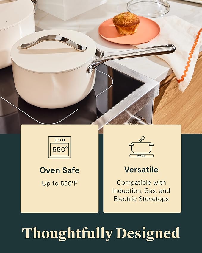 Caraway Nonstick Ceramic Sauce Pan with Lid (1.75 qt) - Non Toxic, PTFE & PFOA Free - Oven Safe & Compatible with All Stovetops (Gas, Electric & Induction) - Cream