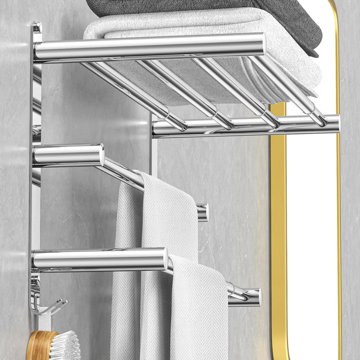 Adjustable Towel Bar for Bathroom Wall Mount17-30.7inch Adhesive Shower Towel Rack Stainless Steel Bath Towel Holders for Toilet Kitchen Double Towel Hanger (3-Layer Towel Rack)