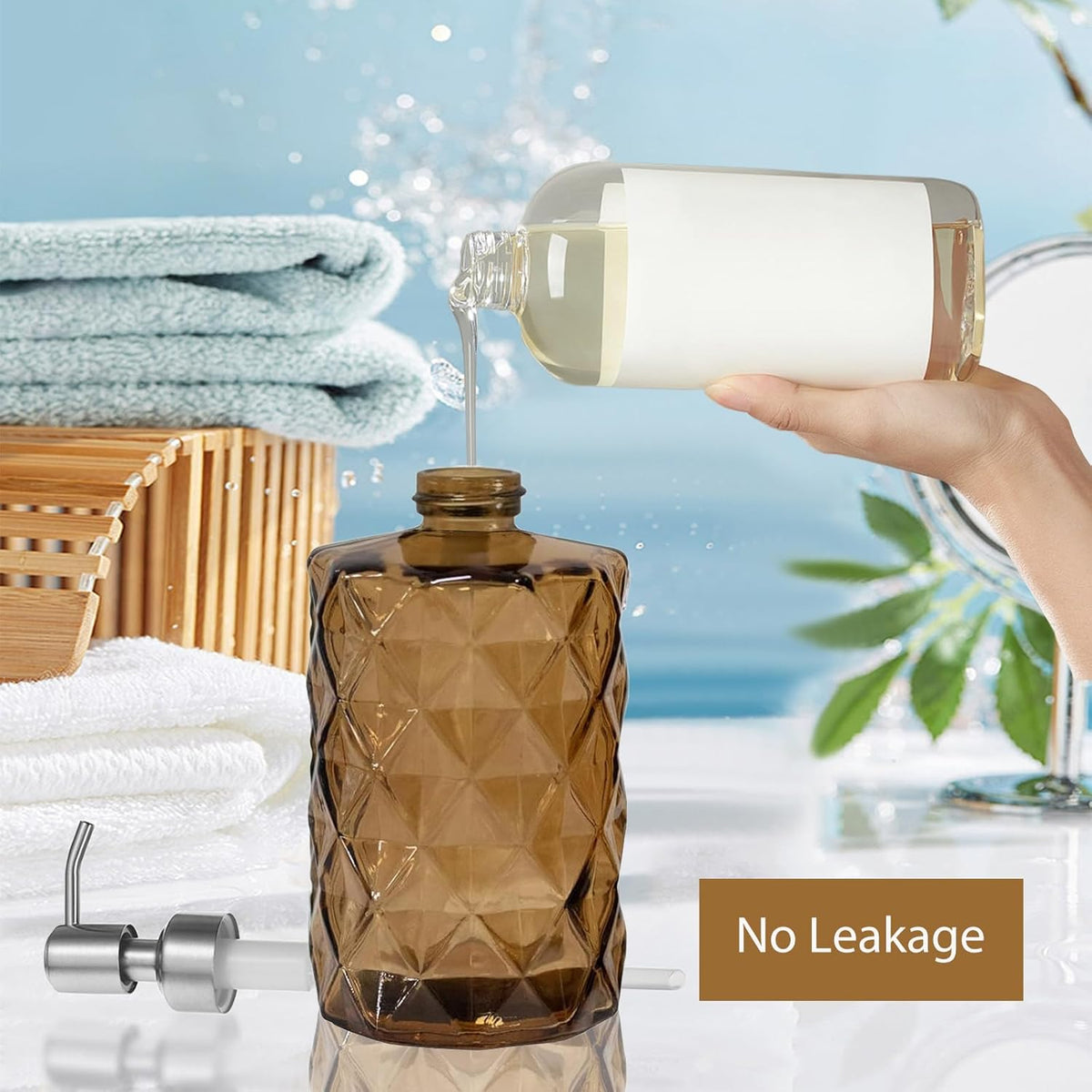 12Oz Brown Glass Soap Dispenser with Stainless Steel Pump, Refillable Kitchen Liquid Hand Soap Dispenser with Diamond Design, for Dispense Hand soap, Dish Soap, Lotion, Bathroom, Countertop, Hotel
