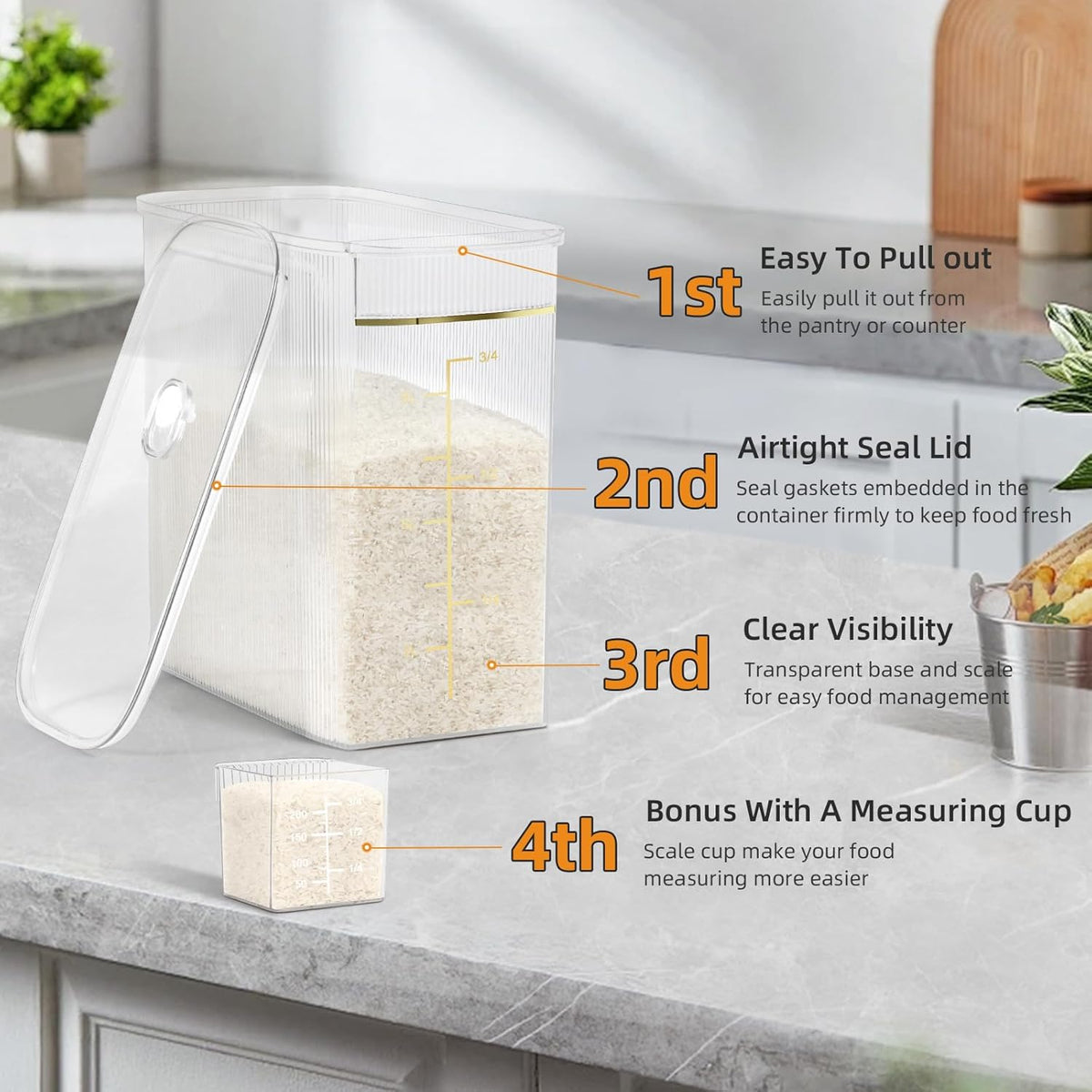 Rice Storage Container 15-20 Lbs, Tall & Narrow Food Storage Container with Measuring Scoop for Dry Goods Rice Flour Pet Food Bath Salt Storage, Clear Plastic Bin with Lid for Pantry Storage