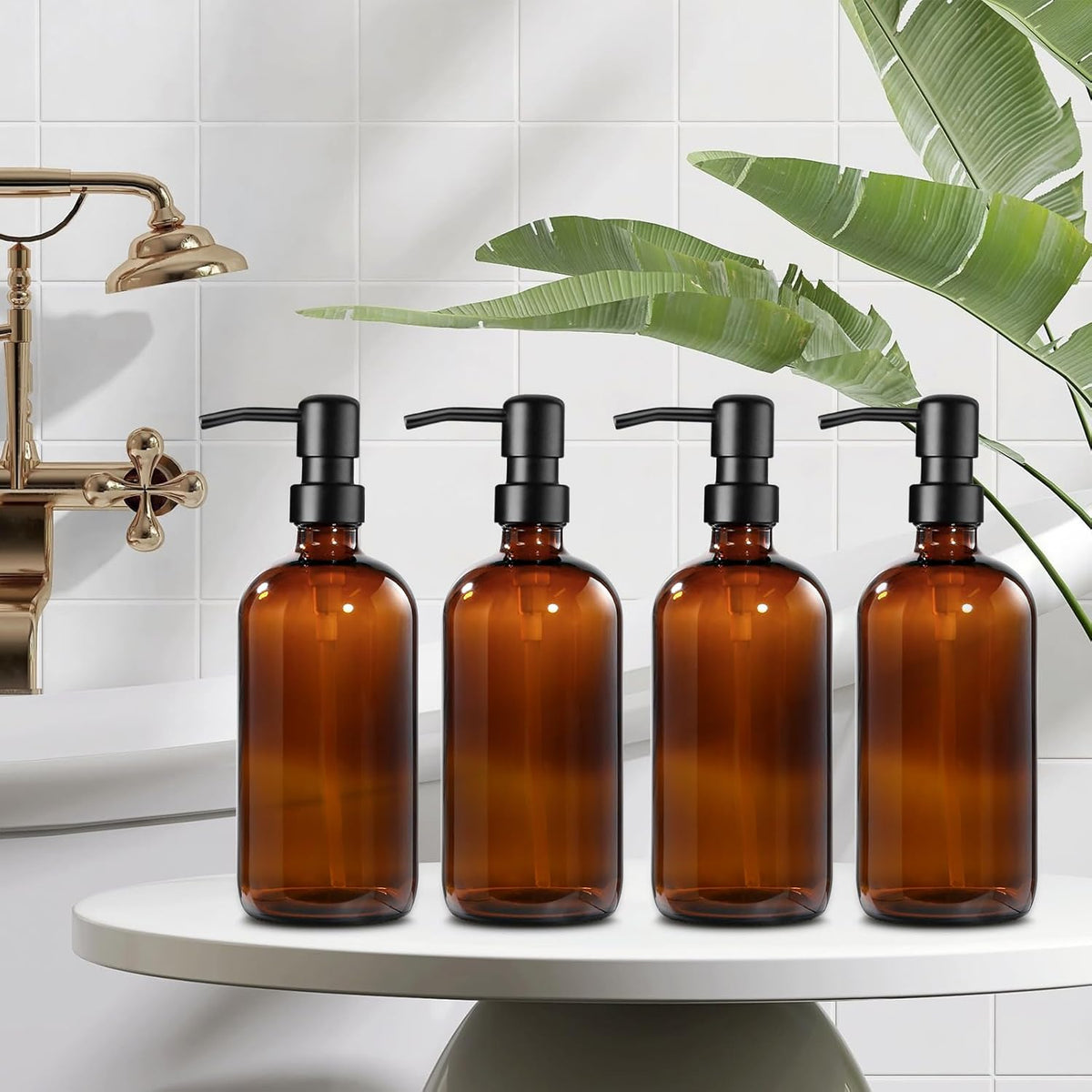 GMISUN Amber Glass Soap Dispenser, 4 Pack Bathroom Hand Soap Dispensers with Stainless Steel Pump, 17 Fl Oz Kitchen Hand and Dish Soap Dispenser Set, Modern Vintage Liquid Brown Soap Dispensers Bottle