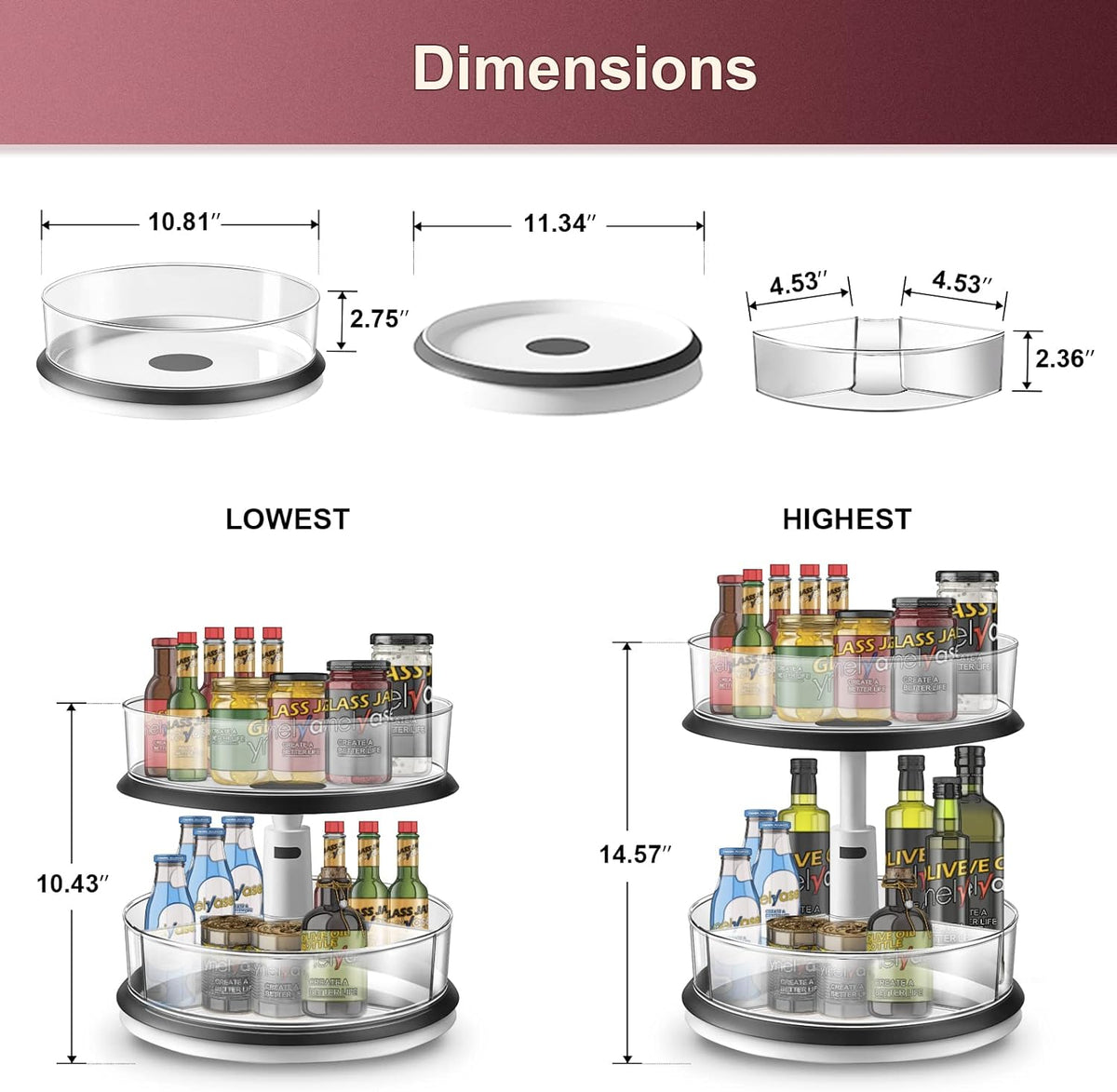 2 Tier Lazy Susan Organizer Clear Turntable for Cabinet Bathroom Countertop and Pantry with Large Spice Rack (11 Inch, White)