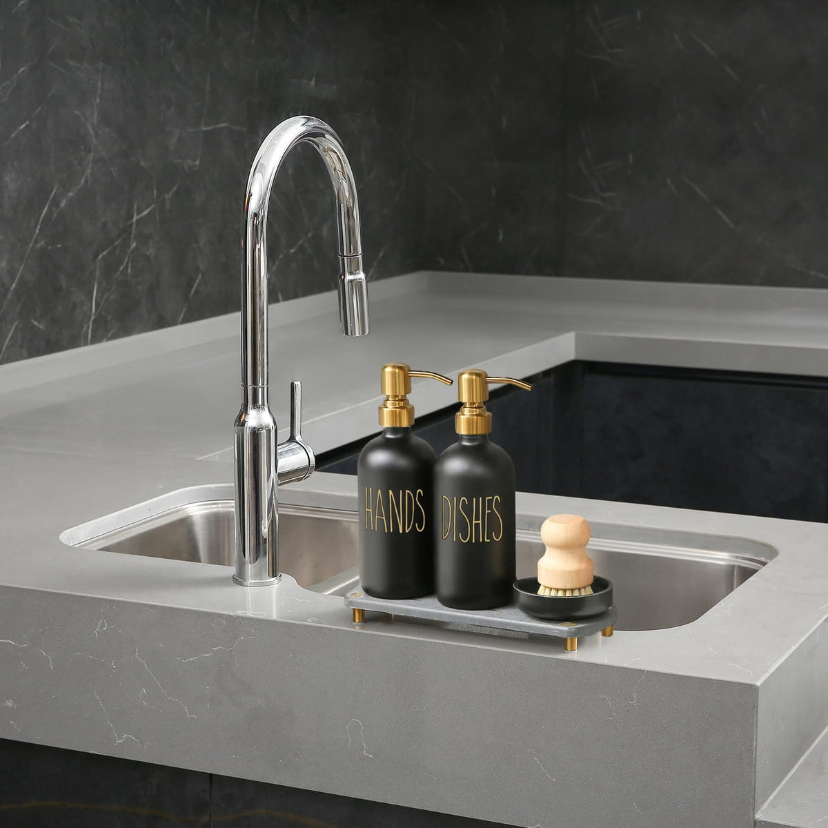MOMEEMO Soap Dispenser Set Comes with Stainless Pumps, Instant Dry Tray, and Dish Scrub Brush, Suitable for Black and Gold Kitchen Decor. (Black & Gold)