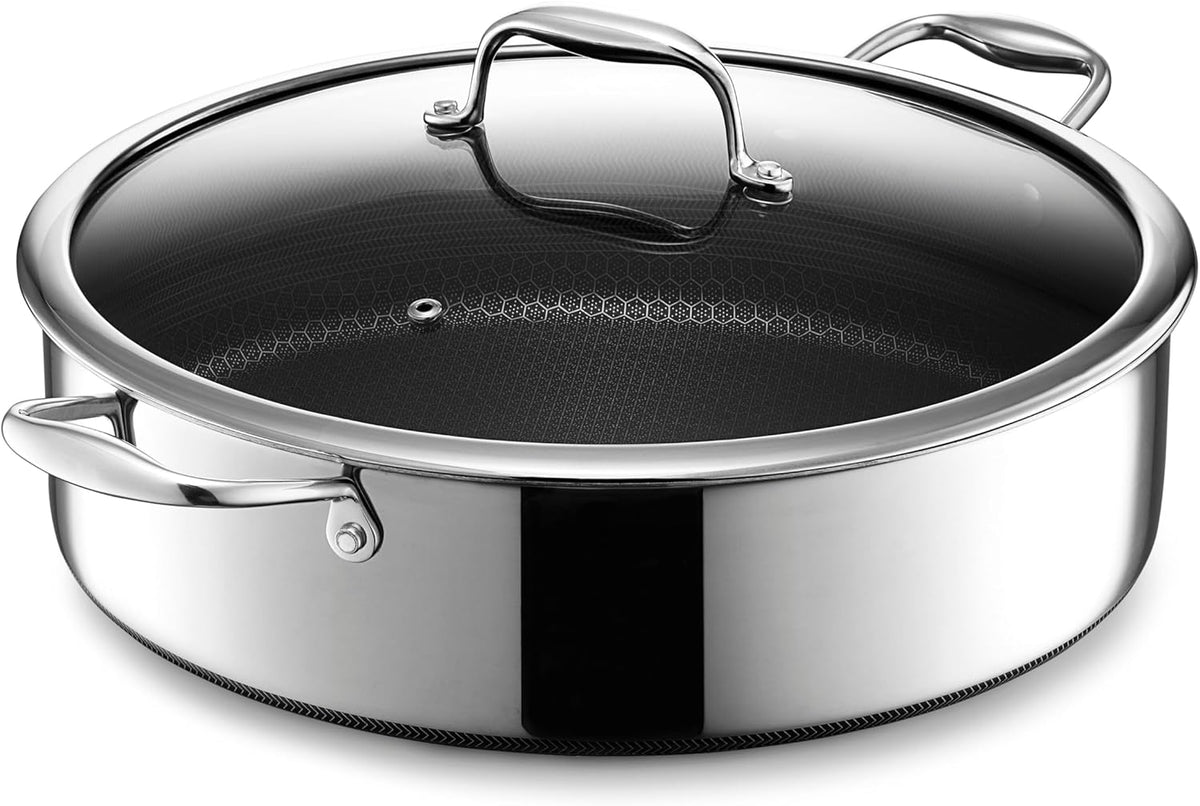 HexClad Hybrid Nonstick 7-Quart Sauté Pan with Tempered Glass Lid, Chicken Fryer, Stay-Cool Handles, Dishwasher-Friendly, Oven-Safe Up to 900°F, Induction Ready, Compatible with All Cooktops
