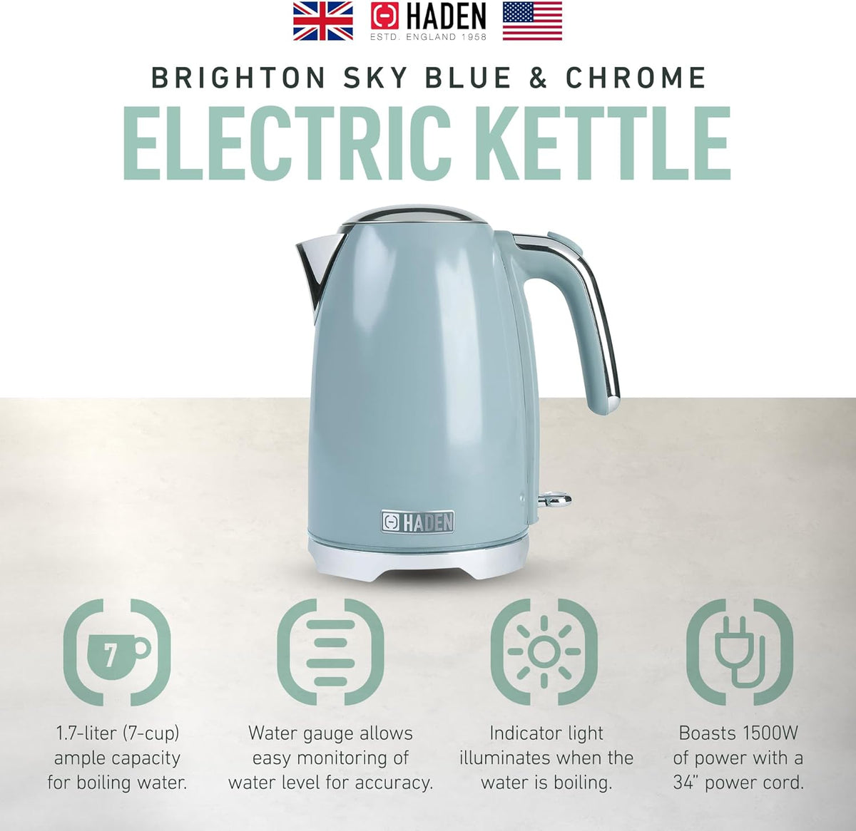 Haden Brighton Electric Kettle, Cordless 1.7 Liter Hot Water Boiler with Chrome Accents, Retro Style, and Auto Shut Off, Sky Blue