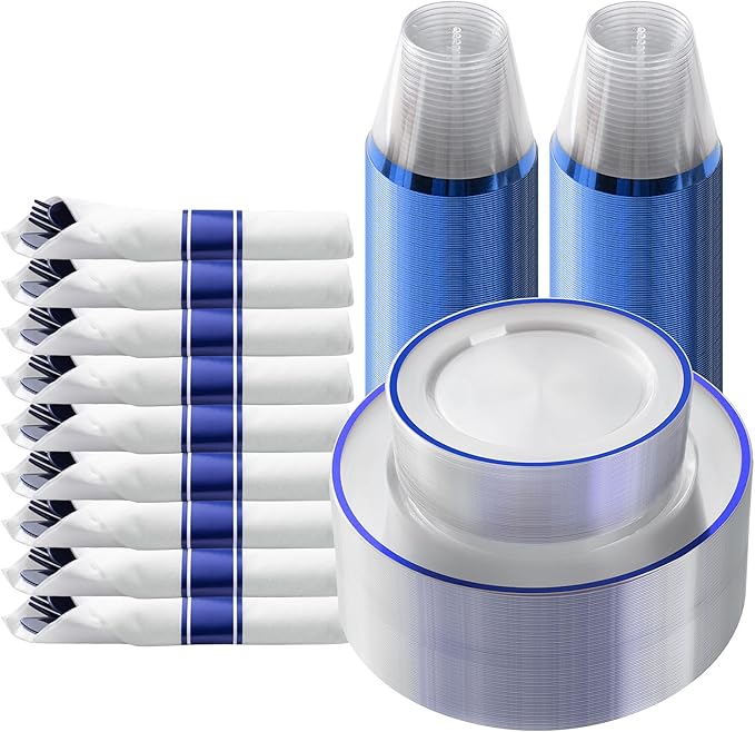 Goodluck 175 Piece Dark Blue Plastic Dinnerware Set for Party, Clear Disposable Plates for 25 Guests, Include: 25 Dinner Plates, 25 Dessert Plates, 25 Pre Rolled Napkins with Cutlery Set, 25 Cups
