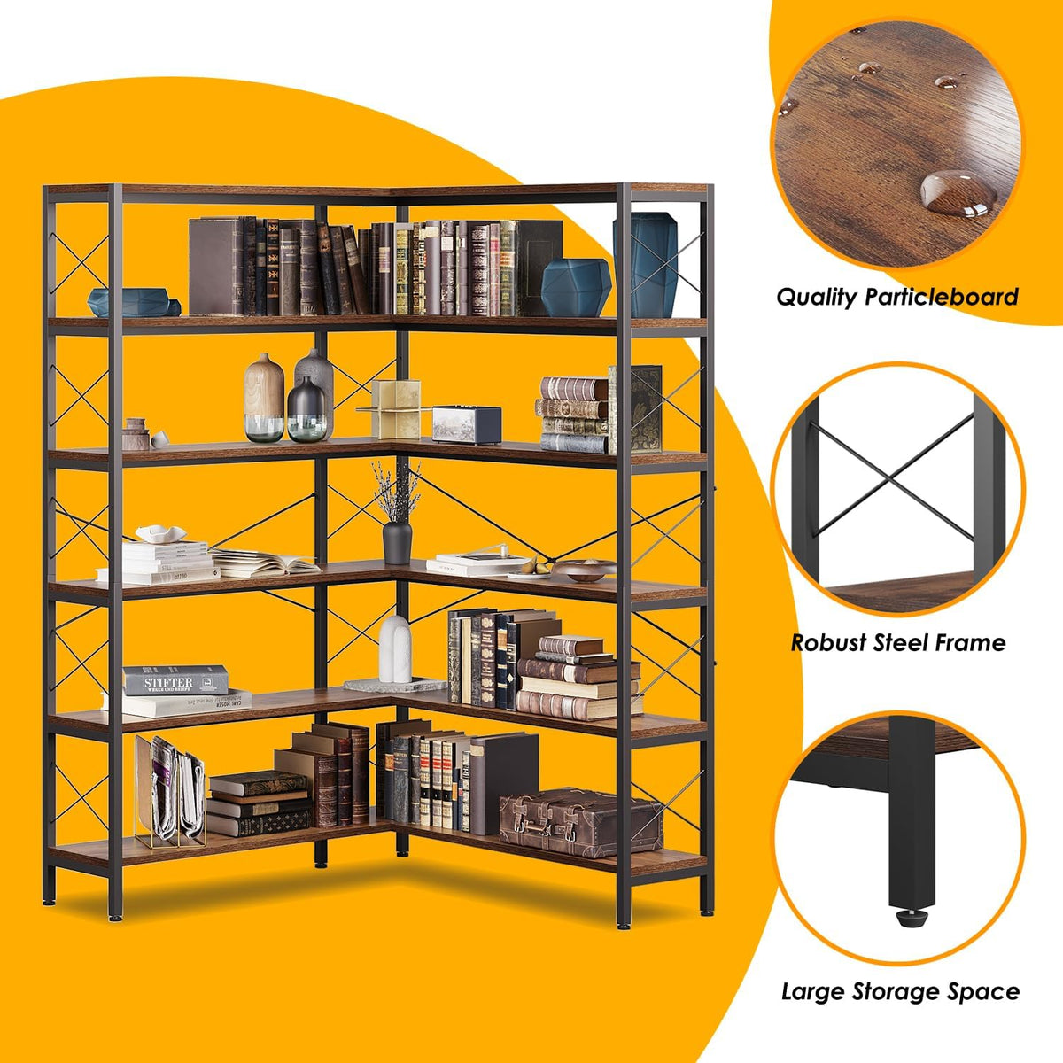 6-Shelf Corner Bookshelf, Vintage Industrial L Shaped Bookshelf Etagere Bookcase, Corner Shelf with Metal Frame Open Storage Rack Corner Book Shelf for Home Office Living Room (Retro Brown)