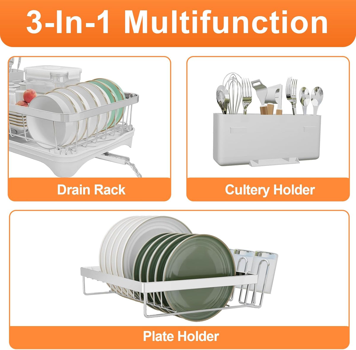 Dish Drying Rack - 304 Stainless Steel Dish Rack for Kitchen Counter, Adjustable Spout Auto-Draining Dish Rack, 2-Tier Kitchen Organizers and Storage Rack with Drainboard and Cutlery Holder White