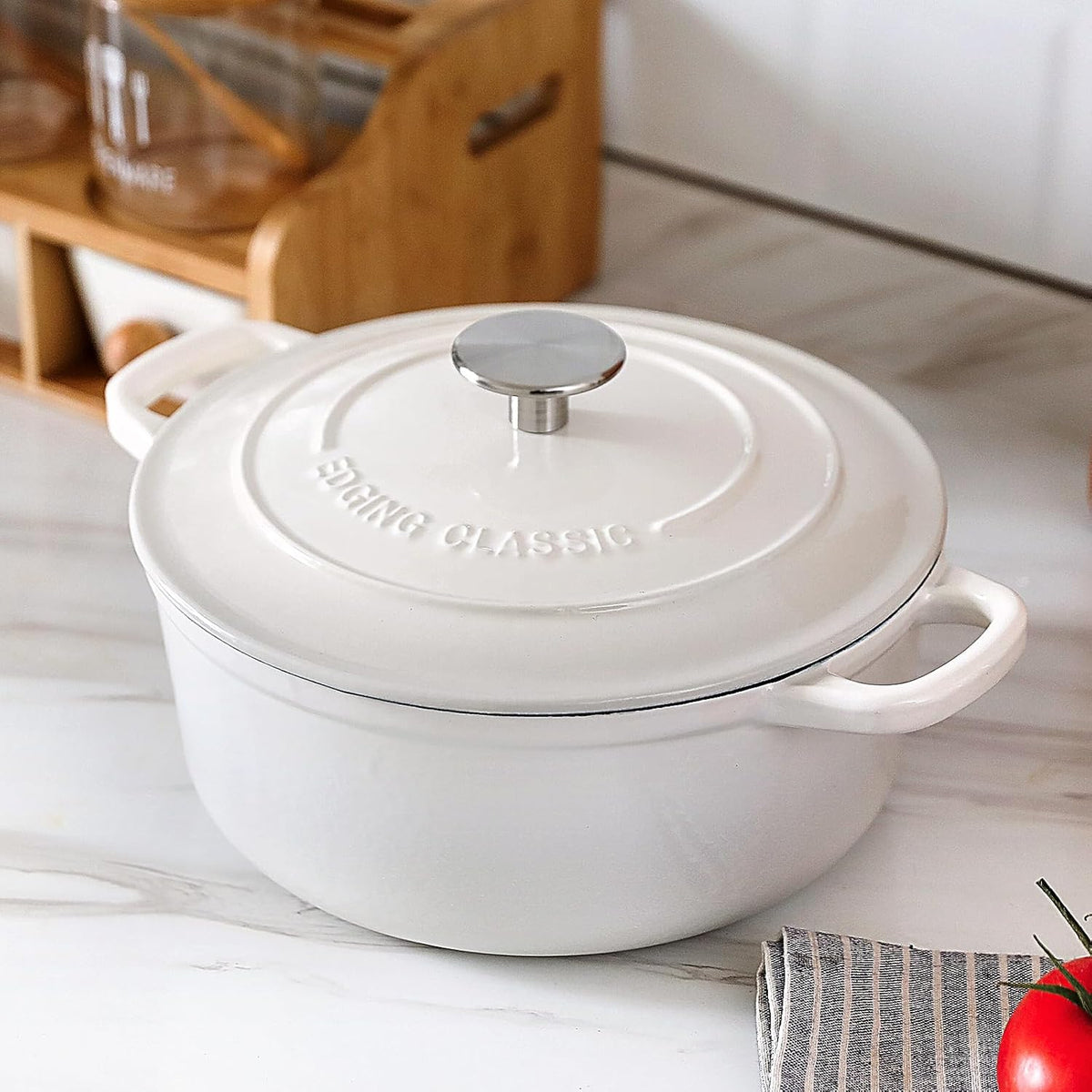 Cast Iron Dutch Oven With Lid Round Pot Enameled Covered for Bread Baking, 7 Quart, White