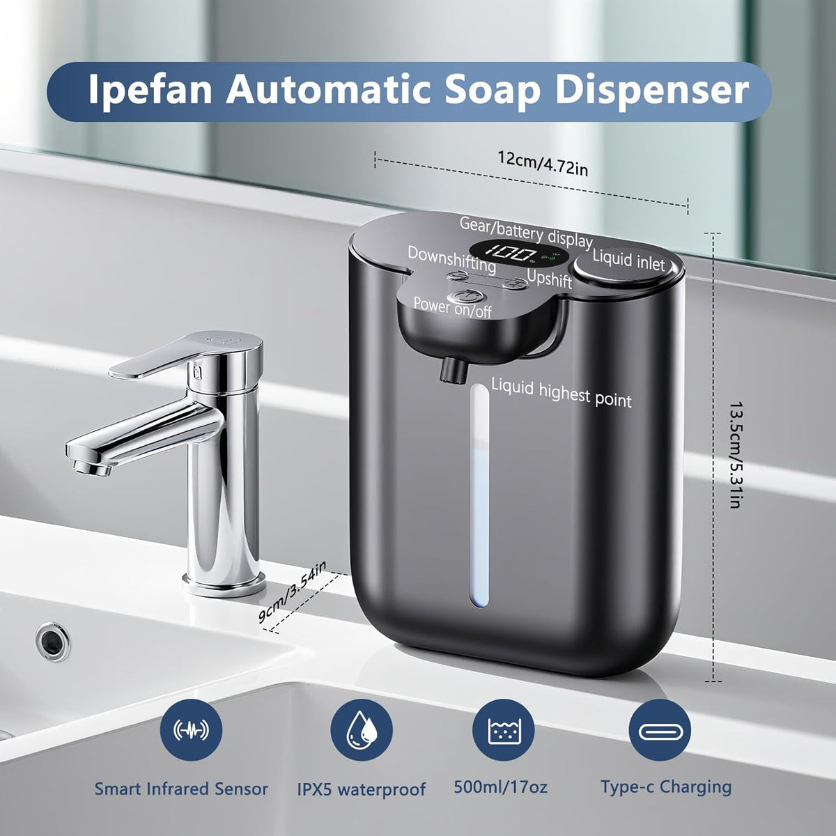 Automatic Liquid Soap Dispenser Touchless, 1200mAh Rechargeable Smart Hand Soap Dispenser, 9-Level Adjustable, 16.9oz/500mL Wall Mount for Bathroom Kitchen Office Dish Soap,Hands-Free,Black