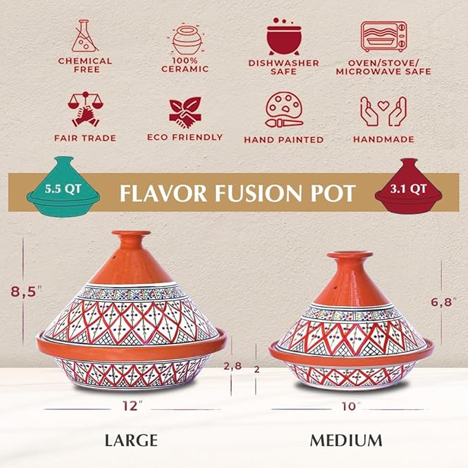 Kamsah Tagine Pot for Cooking and Flavor Enrichment - Large Clay Pot 12”, 5.5 QT - Non-Stick Handmade Cookware - Moroccan Ceramic Pots for Cooking with Lid & Serving Bowl - Bohemian Supreme Red