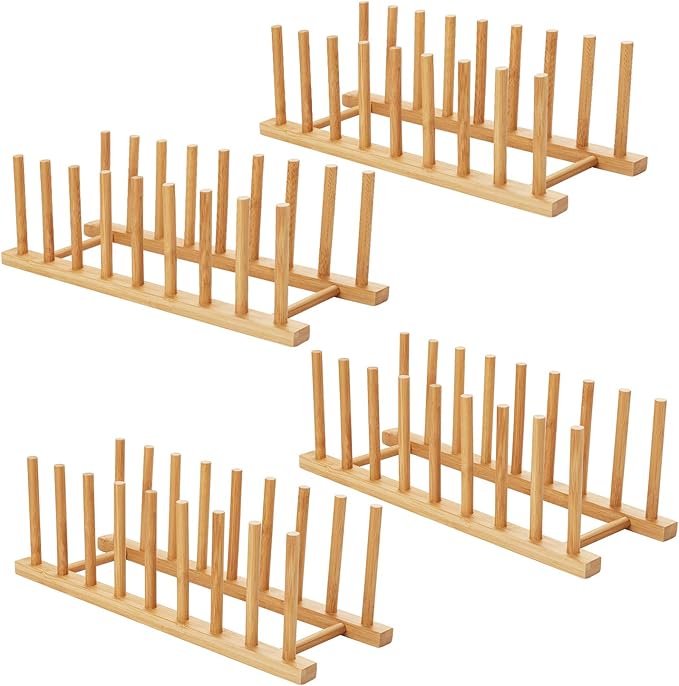 HBlife 4pcs Bamboo Dish Plate Bowl Cup Book Pot Lid Cutting Board Drying Rack Stand Drainer Storage Holder Organizer Kitchen Cabinet (Keep Dry)