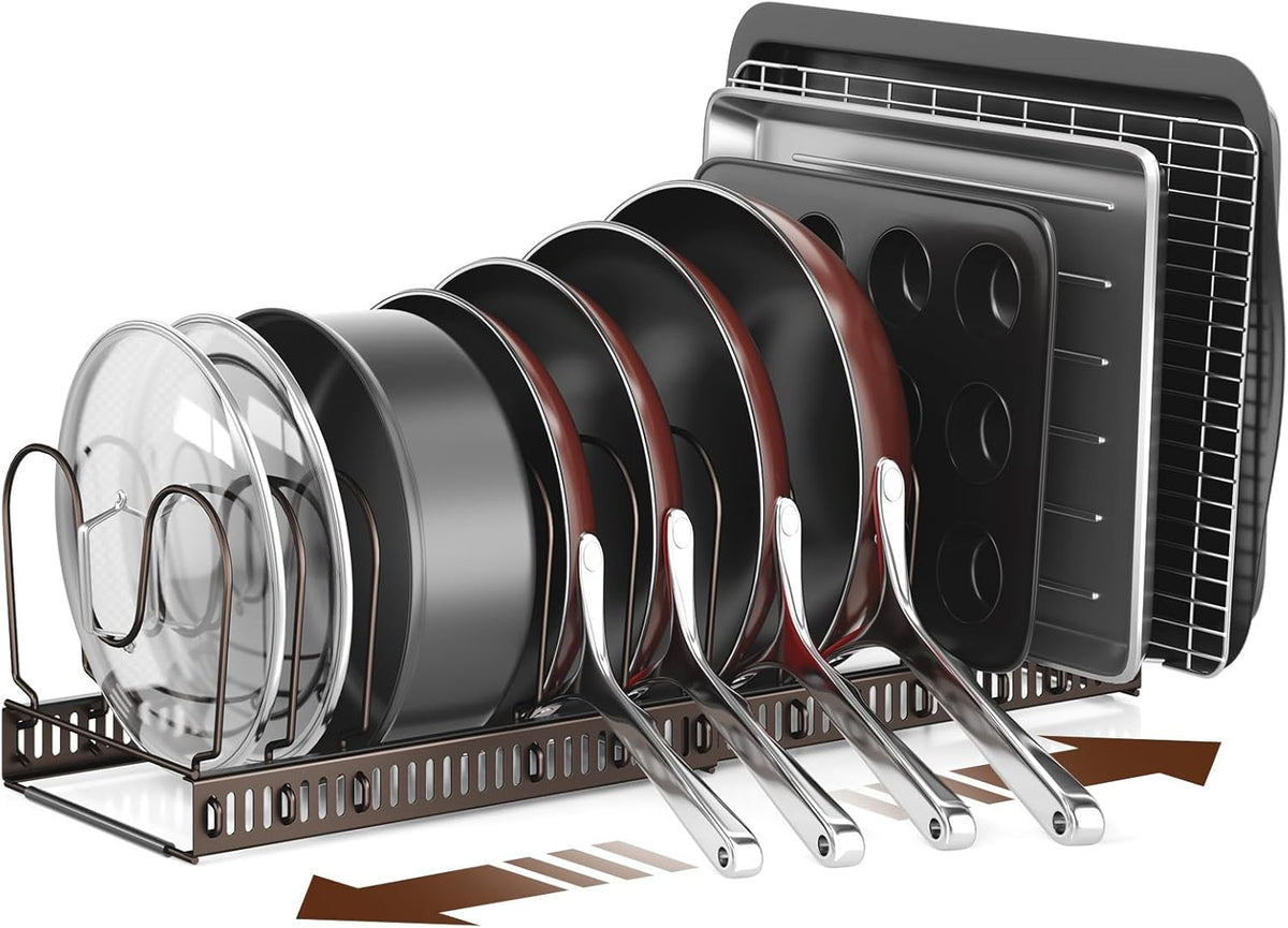 ORDORA Pots and Pans Organizer under Cabinet with Pan Holder: Expandable 11.8"-22.8" Kitchen Cabinet Organizer Rack, 12 Adjustable Dividers Storage for Cookie Sheets, Cutting Boards & Lid, Bronze