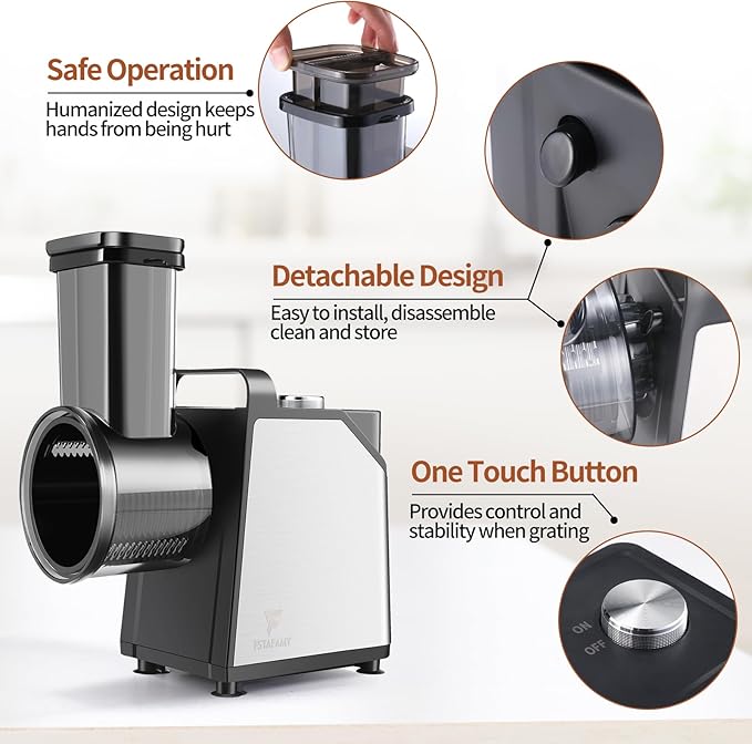 Electric Cheese Grater and Vegetable Slicer, 250W, 5-in-1 Kitchen salad chopper Food Processor with One-Touch Control