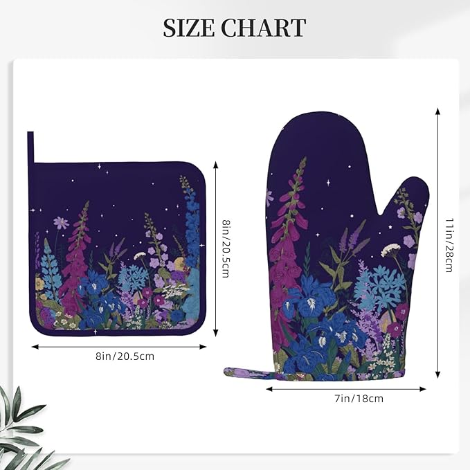 Wildflowers Florals Oven Mitts Pot Holders Set Silicone Heat Resistant Wildflowers Oven Mitts and Hot Pads Florals Potholders Non-Slip Oven Gloves for Cooking Baking Grilling BBQ