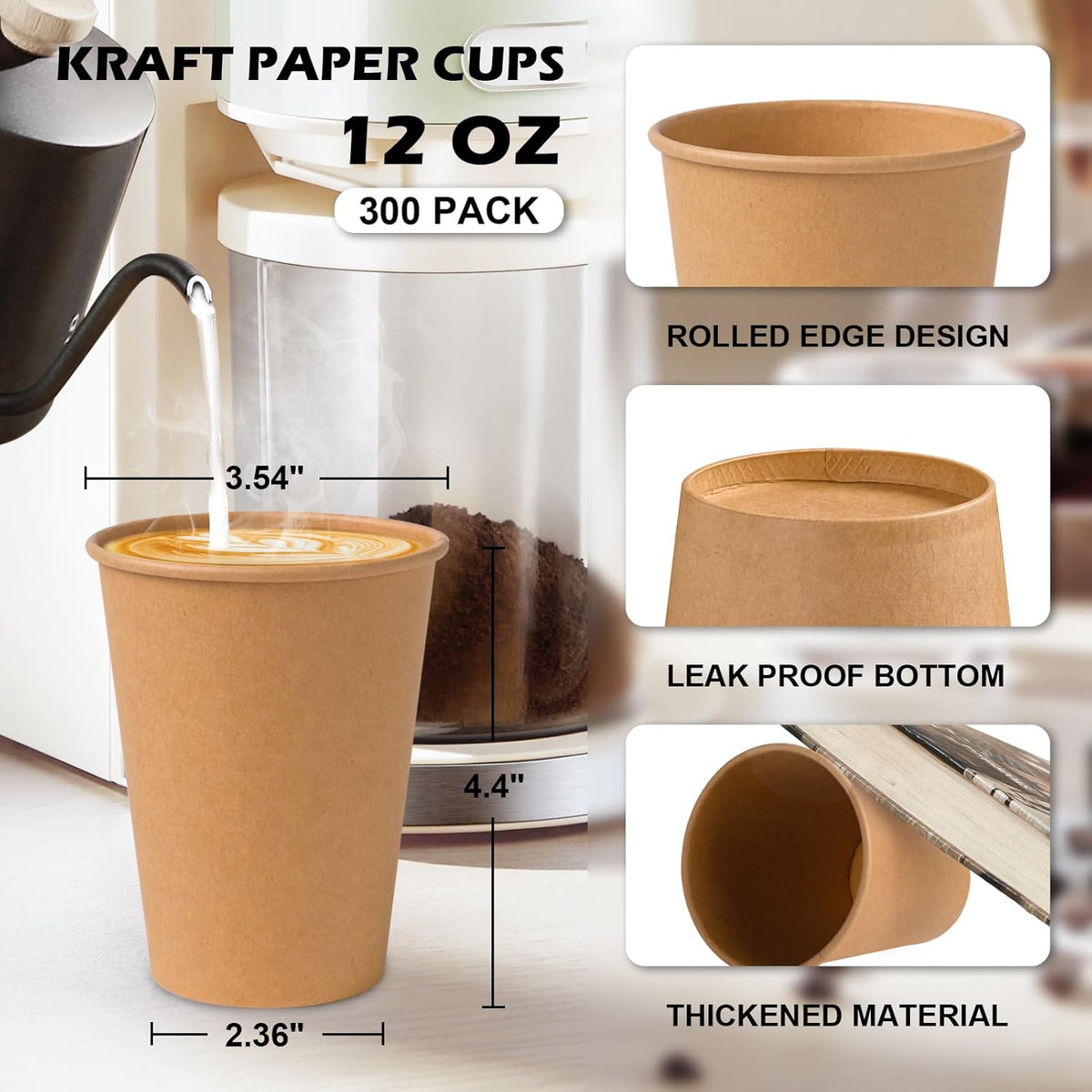300 Pack 12 oz Kraft Paper Cups, Unbleached Disposable Paper Coffee Cups, Thickened Hot/Cold Beverage Drinking Cup for Party, Home, Cafes, Bistros, Businesses (Brown)
