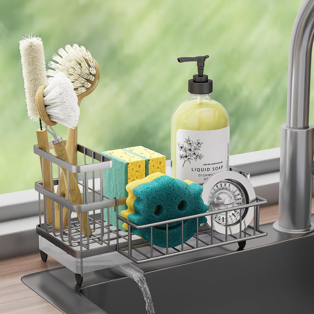Consuemst Sponge Holder for Kitchen Sink - Auto Draining Sink Caddy Organizer with Detachable Rack, High Brush Holder, Kitchen Countertop Storage Accessories, Sand Nickel