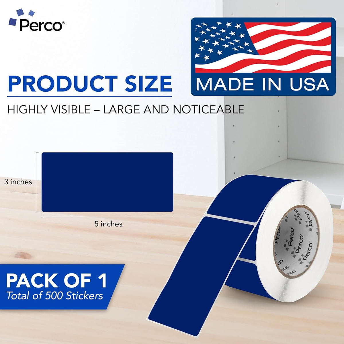 Perco Dark Blue Labels 3x5 Inch 500 Stickers/Roll with Easy Peel Perforation and Strong Adhesion for Inventory Management, Color Coding, Moving Boxes, Retail, Organizing & Crafts – Made in USA