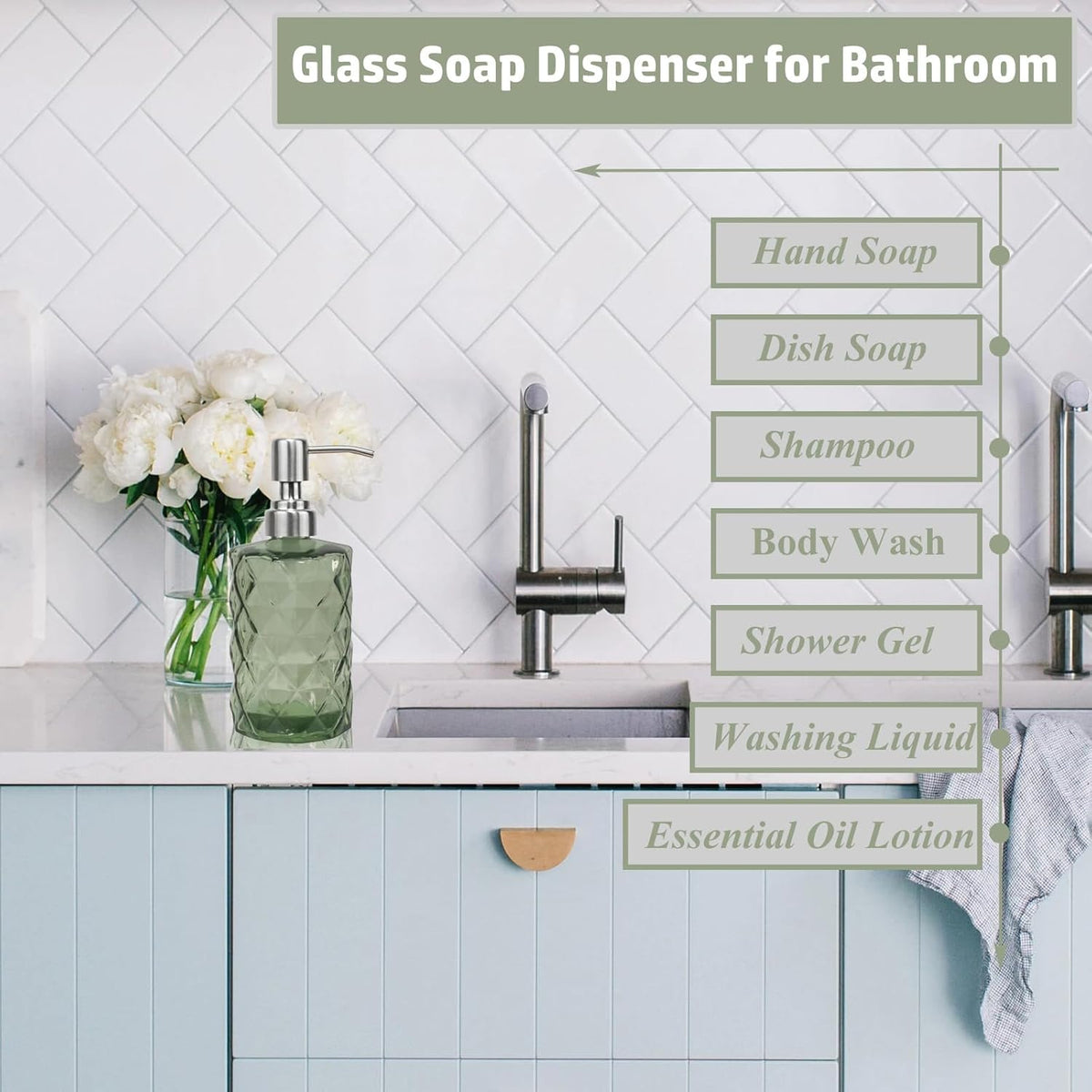 12Oz Green Glass Soap Dispenser with Stainless Steel Pump, Refillable Kitchen Liquid Hand Soap Dispenser with Diamond Design, for Dispense Hand soap, Dish Soap, Lotion, Bathroom, Countertop, Hotel