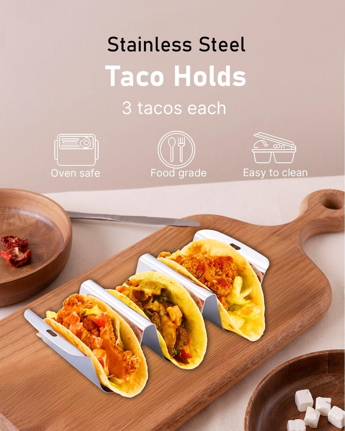 Stainless Steel Taco Holder Stand Set of 4, Total 12 Tacos, U-shape Taco Shell Holder with Handle, Each Stackable Rack Holder Up to 3 Tacos, Dishwasher & Microwave Safe