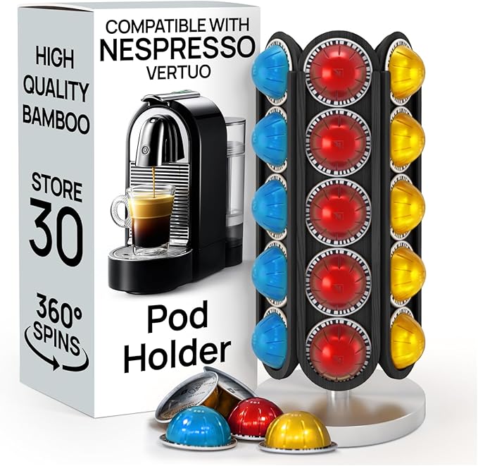 Ibyx 30-Capsule Nespresso Pod Holder – 360° Rotating Coffee Storage Stand – Compatible with Nespresso Vertuo – No Assembly, Black Wood Design
