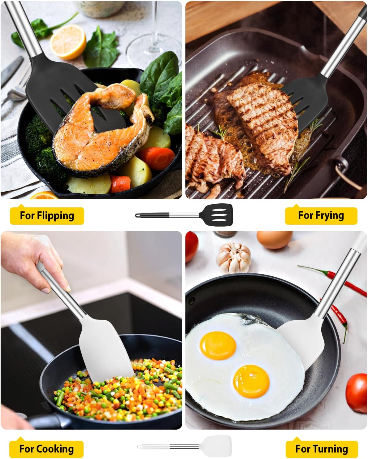 Pack of 2 Silicone Solid Turner, Non Stick Slotted Kitchen Spatulas, High Heat Resistant BPA Free Cooking Utensils, Ideal Cookware for Fish, Eggs, Pancakes(Black-White)