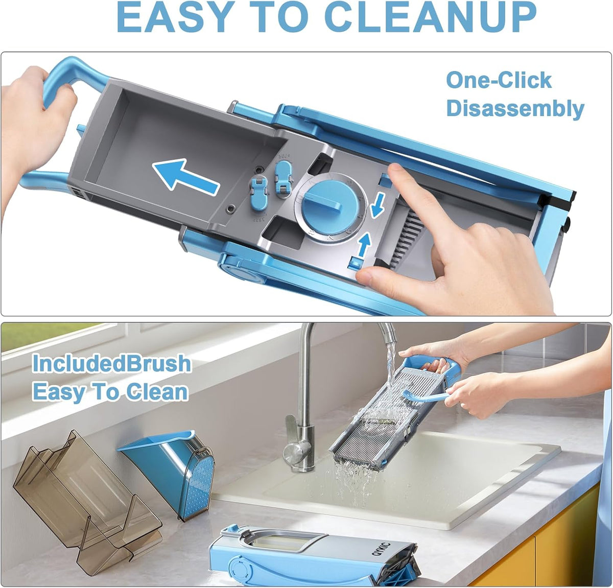 Upgrade Safe Mandoline Slicer for Kitchen, Vegetable Chopper and Slicer, Potato Slicer Thickness Adjuster, French Fry Cutter, Veggie Onion Dicer Faster Kitchen Mandolin for Meal Prep (Blue)
