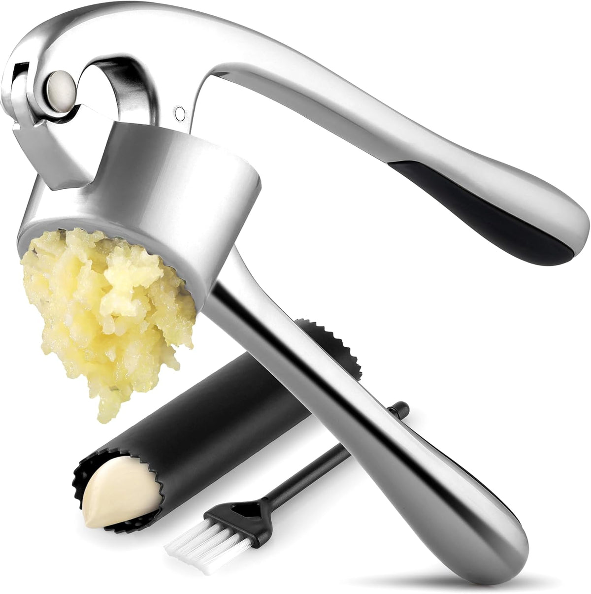 Zulay Kitchen Large Premium Garlic Press Set - Bigger Bowl for Bigger Garlic - Rust Proof & Dishwasher Safe Garlic Mincer Tool - Easy-Squeeze, Easy-Clean Silicone Garlic Peeler & Brush (Chrome)