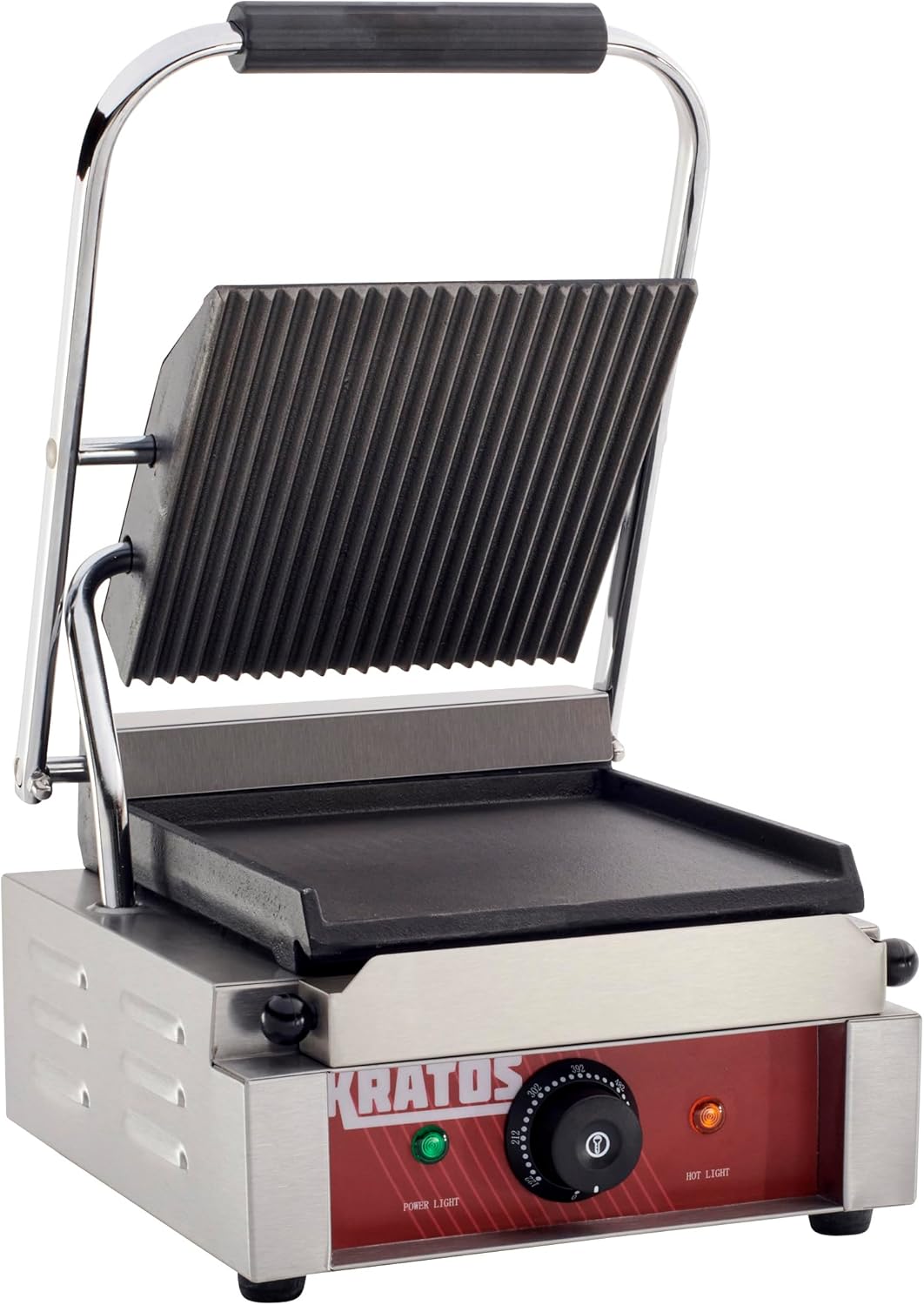 Kratos Commercial Electric Panini Sandwich Grill with Grooved Top and Smooth Bottom Plates, 9" x 9" Cooking Surface, Commercial Countertop Panini Press, 120V, 1750W (29Y-019)