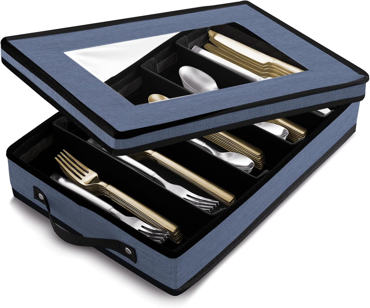 Flatware & Utensil Storage, Durable Silverware Storage Box with Padded Dividers, 5 Compartment Flatware Storage Case, Silverware Case with Handles, Protects and Organizes Cutlery, Blue