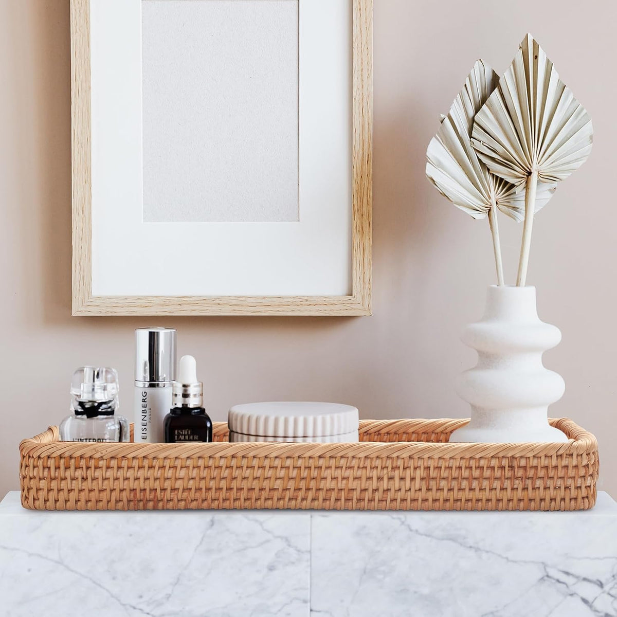 Rattan Bathroom Vanity Tray, Toilet Tank Basket Tray for Paper Hand Towel, Bathroom Counter Tray for Organizing and Decor (Natural, 16.3" x 6.1" x 2")