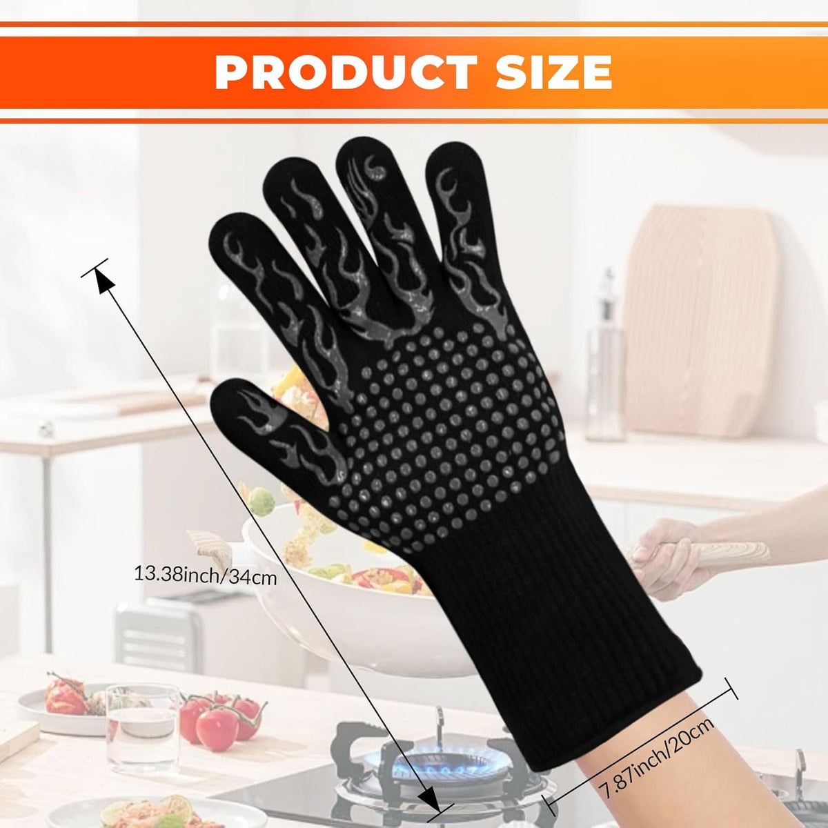 1 Pair Grill Oven Mitts, 1472°F Heat Resistant BBQ Gloves for Cooking, Non-Slip Silicone Oven Gloves, Barbecue Grill Gloves BBQ Mitts (Black-Flame Pattern)