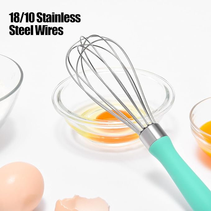 18/8 Stainless Steel Balloon Whisk, Doosu Kitchen Whisk for Cooking Handheld Egg Beater with Rust-Proof Sturdy Wires & Non-Slip Silicone Handle for Beating, Stirring, Blending (6 Wires, Aqua Sky)