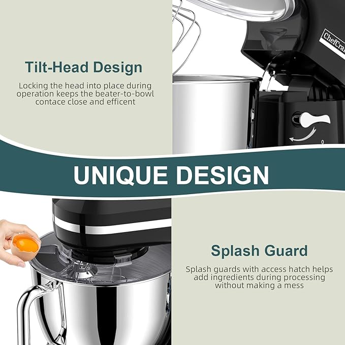Electric Stand Mixer with 6.5QT Bowl with Handle, Kitchen Mixer with Tilting Head for Bread Dough and Cake with Dough Hook, Whisk, Splash Guard and Egg Separator (Black)
