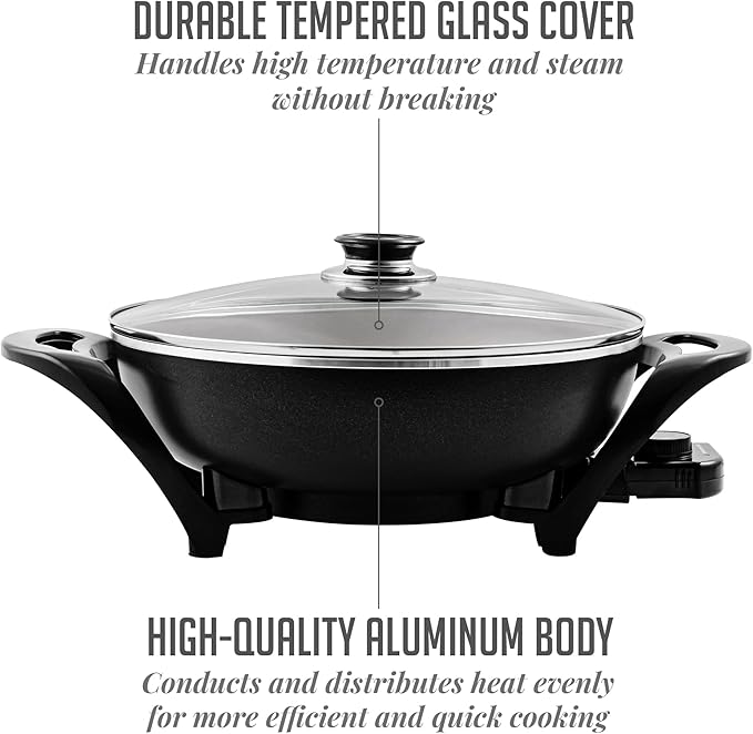 OVENTE Electric Wok with Nonstick Coating, 13 Inch Family-Sized Skillet, 1400W Power, Adjustable Temperature, Tempered Glass Lid, Cool Touch Handles and Easy to Clean Frying Surface, Black SK3113B