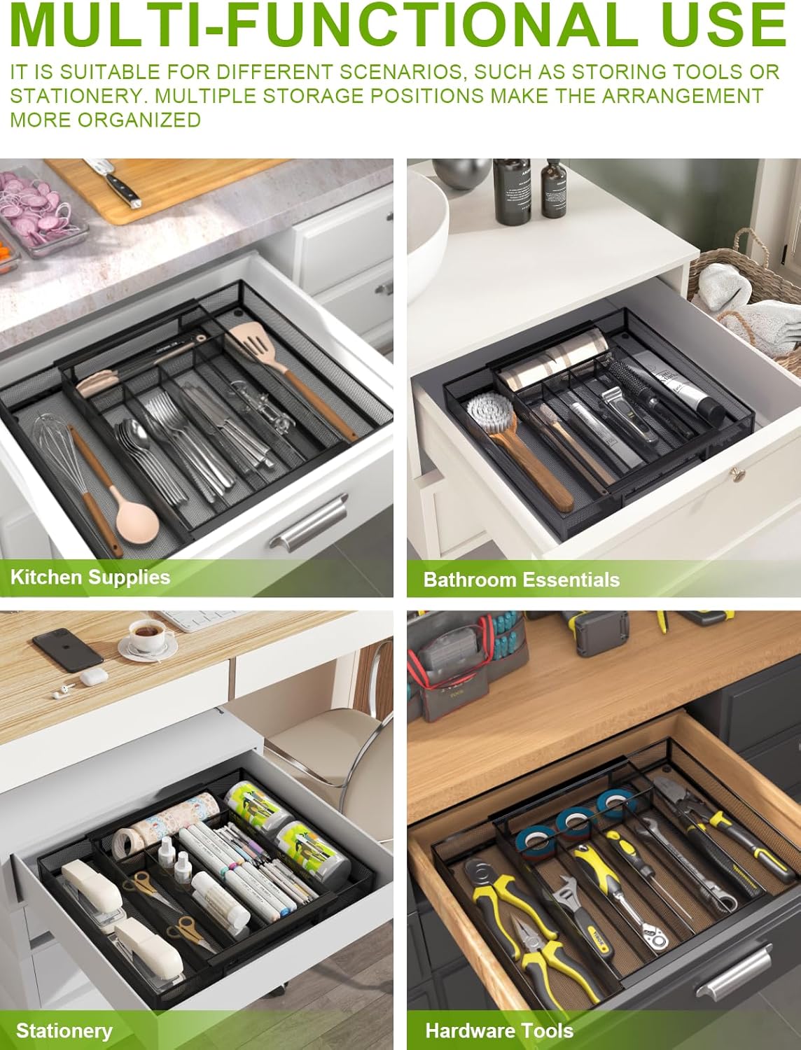 Silverware Organizer Metal Mesh, Drawer Organizer, Utensil Cutlery Tray for kitchen drawers,Expandable Flatware Organizer with 7 Compartment Black 9.4"~17.3" x 13.7"