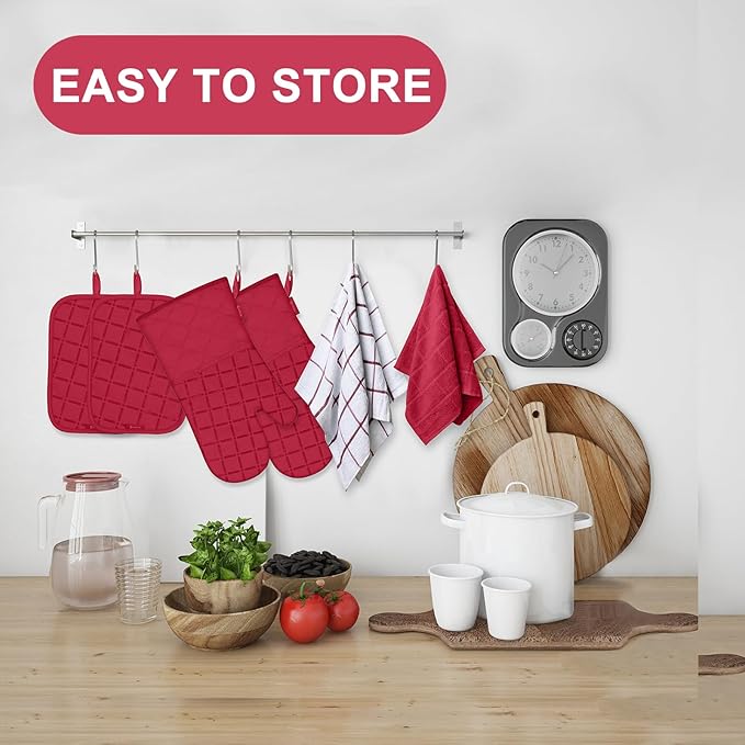 Oven Mitts Kitchen Towels and Dishcloths Pot Holders Sets, Oven Gloves Kitchen Dish Towels 500 Degree Heat Resistant Potholders with Non-Slip Silicone Surface for Cooking, Grilling, Baking-Red