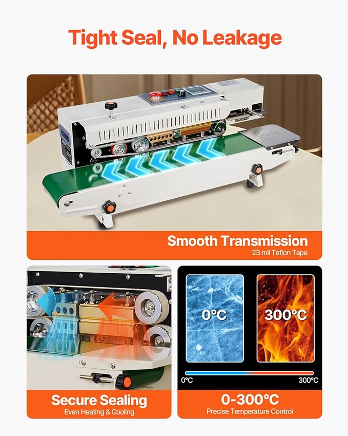 VEVOR Continuous Bag Band Sealing Machine, 0.24-0.47 in/6-12 mm Seal Width, Horizontal Band Sealer Machine with Digital Temperature Control, Bag Sealer for 0.02-0.8 mm Plastic Bags, Inflation Function