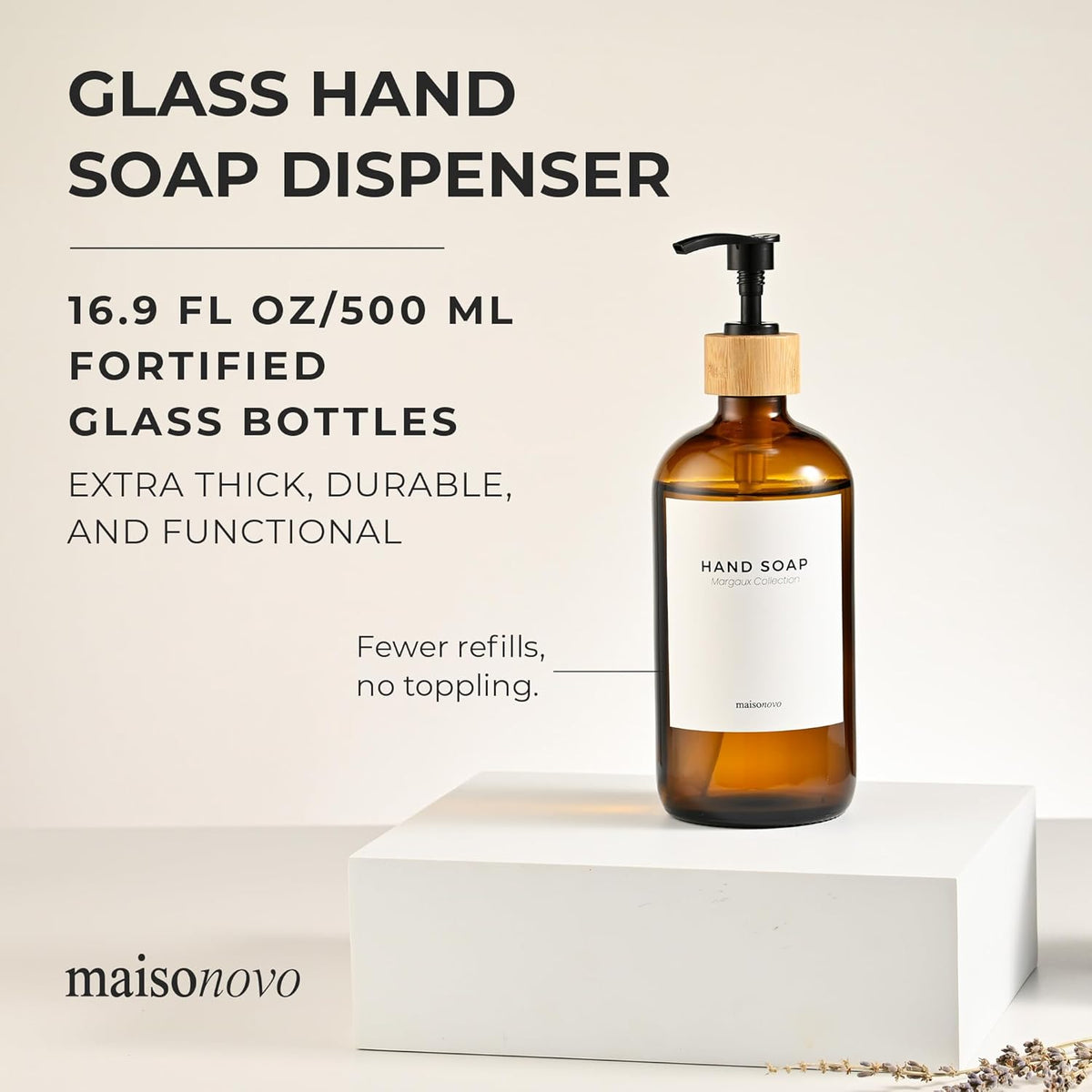 MaisoNovo Glass Hand Soap Dispenser | Dish Soap Dispenser for Kitchen | 16.9oz Amber Bottles with Black Bamboo Pump | Bathroom Lotion Dispenser