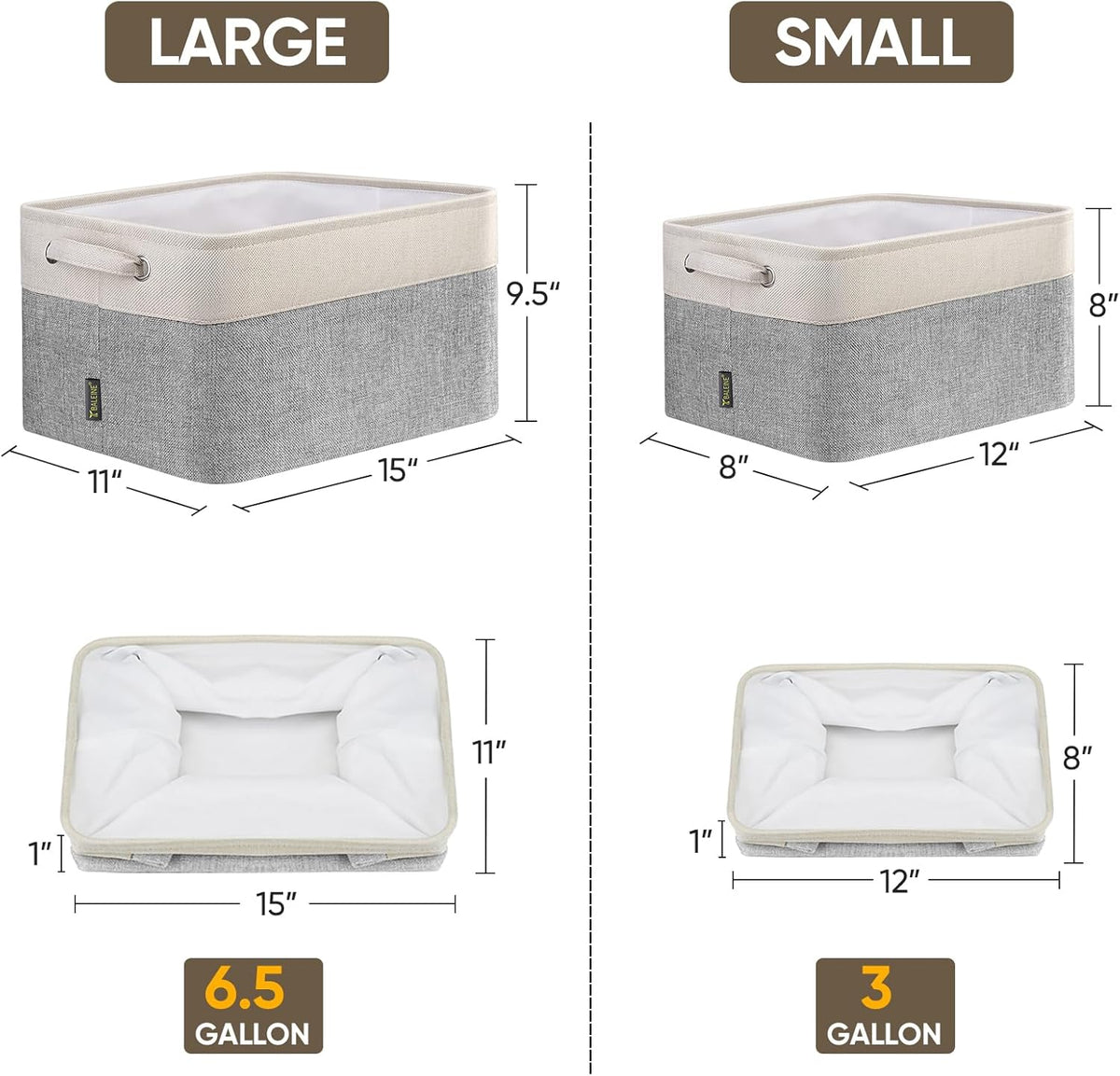 BALEINE 3 Pack Fabric Storage Bins for Shelves, Linen Storage Baskets for Organizing, Decorative Closet Bins for Clothes, Home (Grey, 12"x8"x8")