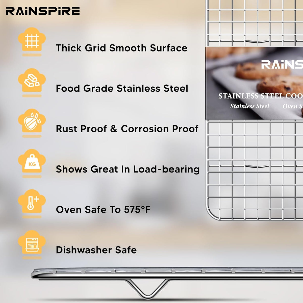 Rainspire Cooling Rack Stainless Steel, Heavy Duty Cooling Racks for Cooking and Baking, Oven Safe Wire Rack for Cooking, Baking Rack for Oven Cooking Fits Half Sheet Cookie Pan, 12" x 17", 1-Pack