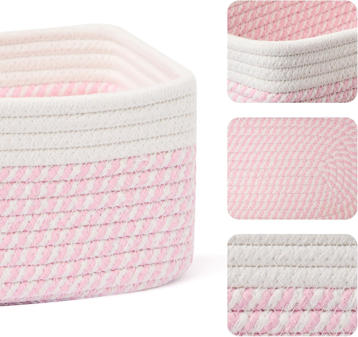 Small Storage Baskets for Organizing | Closet Organizer Bins | Shelf Toy Basket | Woven Rope Baskets | Cube Decorative Box | Shallow Basket | 11.5x7.5x4.7” | 3 Packs White Pink