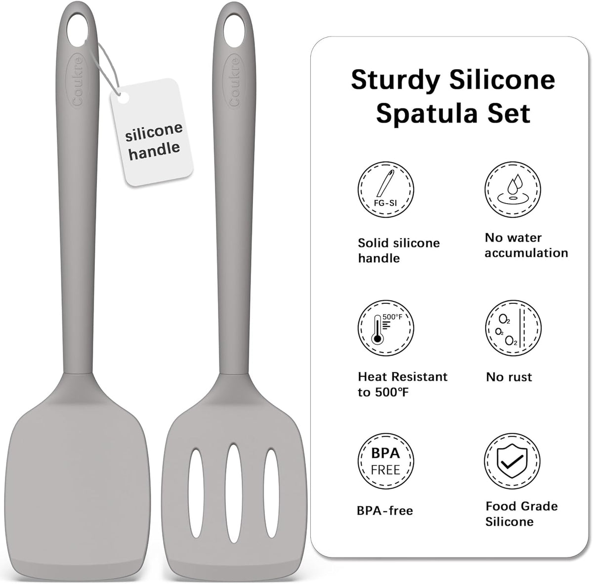 Coukre 2 Pack Silicone Spatula Set, High Heat Resistant, BPA Free Kitchen Spatula, Solid & Slotted Turner for Non-Stick Pans, Sautéing, and Flipping (2, PureGray)