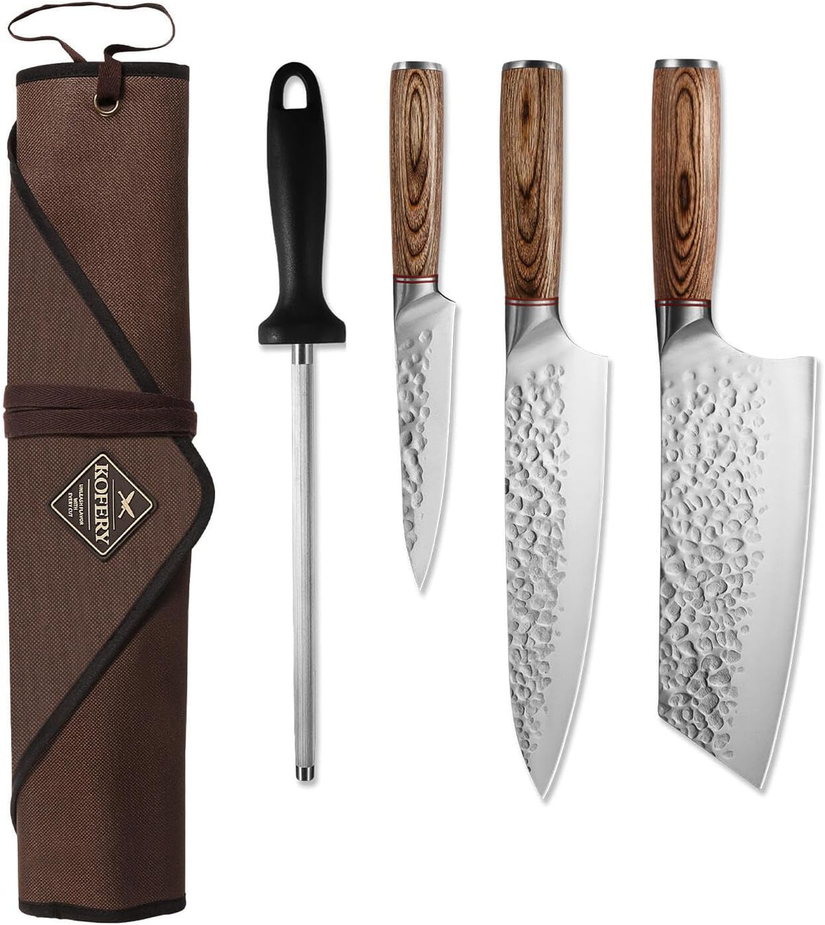 KOFERY 5PCS Chef and BBQ Knife Set with Roll Bag, High Carbon Stainless Steel Knives for Precise Cooking, Outdoor Meat Cutting(Include Sharpening Steel)